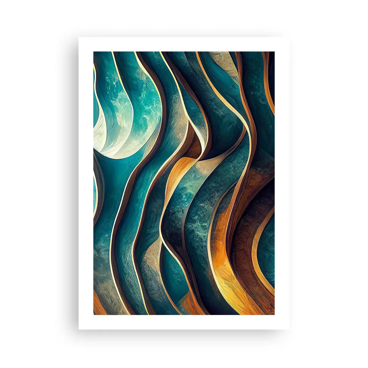 Poster - Una composizione astratta di forme ondulate nelle tonalità del turchese. - 50x70cm - I meandri del blu - Decorazione murale moderna per soggiorno e camera da letto ARTTOR