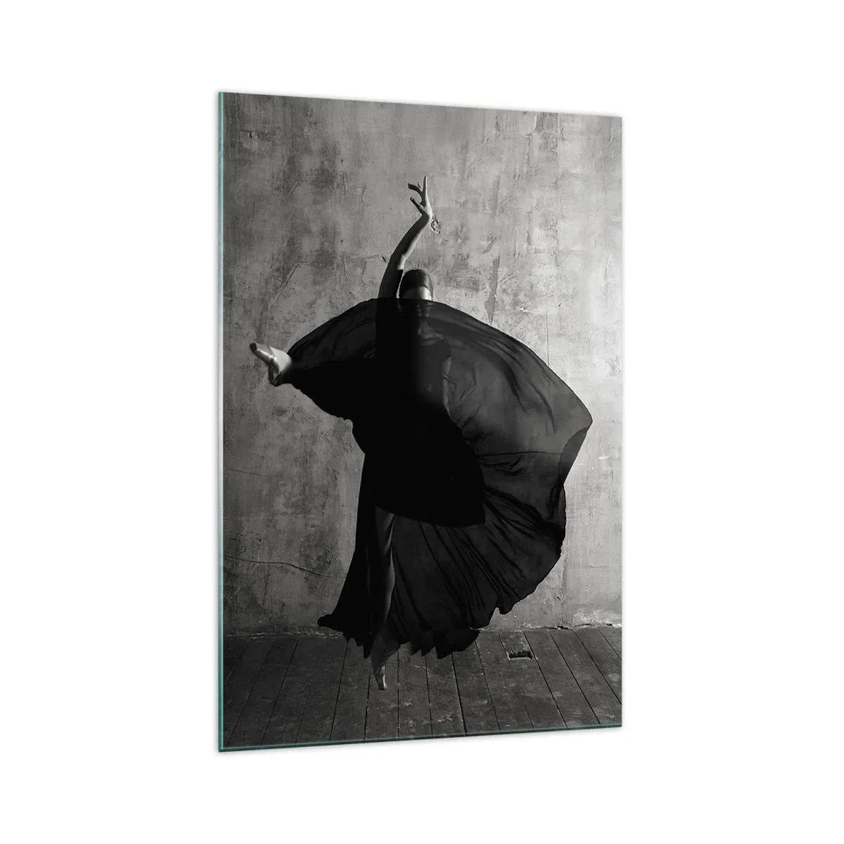 Quadro su vetro - Silhouette in bianco e nero di una ballerina in movimento su uno sfondo di muro - 70x100cm - Fasce piene di passione - Decorazione murale moderna per soggiorno e camera da letto ARTTOR