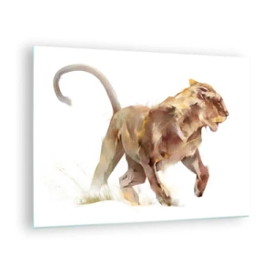 Quadro su vetro - Silhouette dinamica di un leone in stile artistico su sfondo bianco - 70x50cm - Grazia selvatica - Decorazione murale moderna per soggiorno e camera da letto ARTTOR