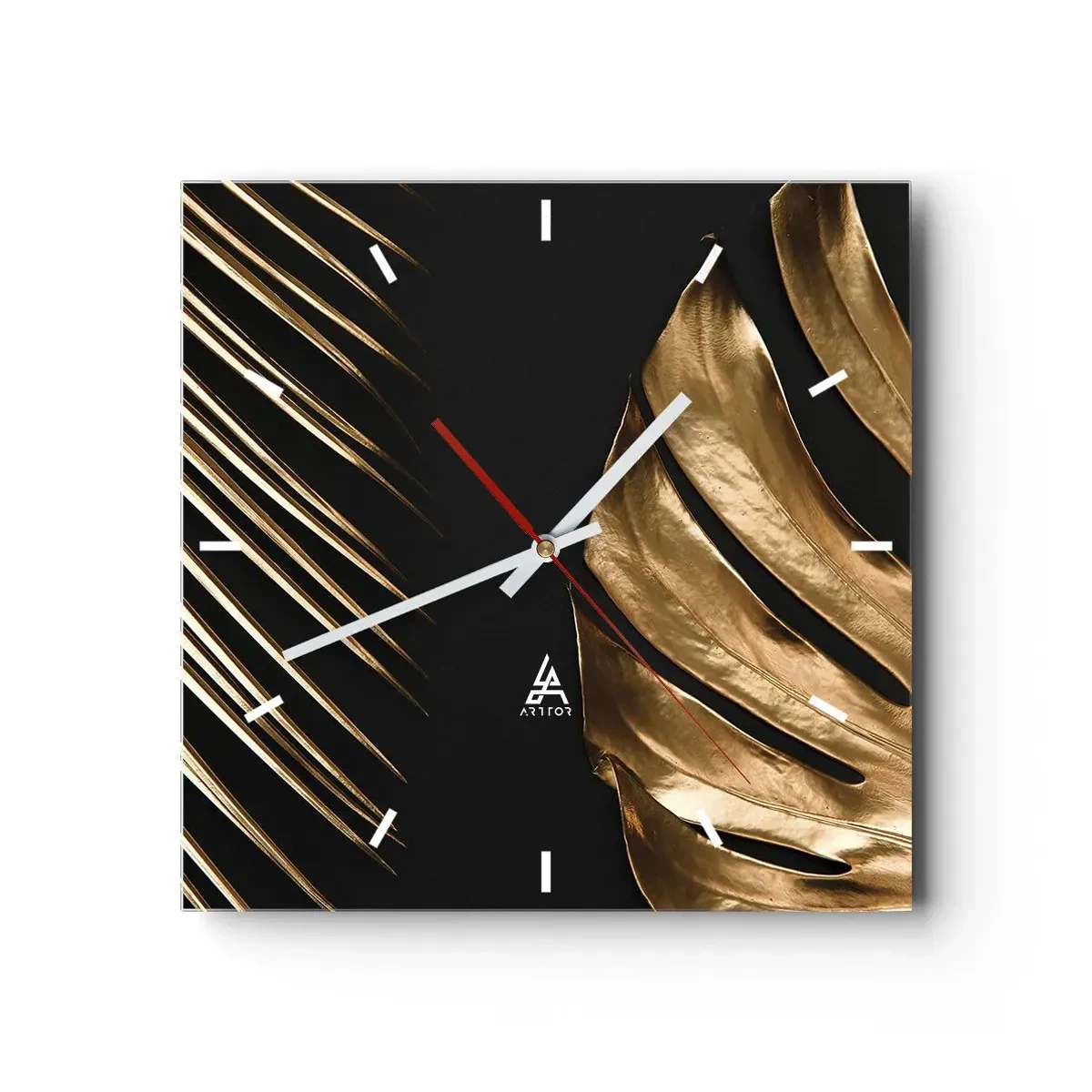 Orologio da parete - Orologio in Vetro - Foglie dorate su sfondo nero - 30x30cm - Diverse, ma ugualmente care - Decorazione murale moderna per soggiorno e camera da letto ARTTOR