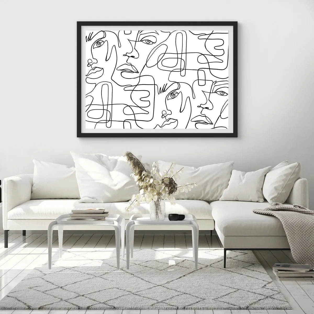 Poster in cornice nera - Un disegno minimalista di un viso con linee su uno sfondo chiaro. - 100x70cm - Emozioni intrecciate - Decorazione murale moderna per soggiorno e camera da letto ARTTOR