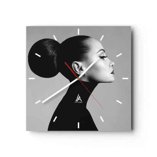 Orologio da parete - Orologio in Vetro - Profilo di una donna in bianco e nero con un elegante chignon - 30x30cm - La Nefertiti di oggi - Decorazione murale moderna per soggiorno e camera da letto ARTTOR