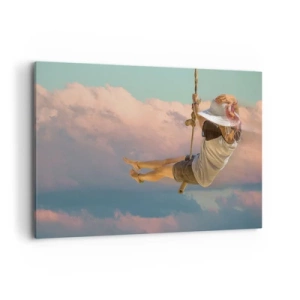 Quadro su tela - Stampe su Tela - Donna su un'altalena tra le nuvole rosa - 100x70cm - Divertimento tra le nuvole - Decorazione murale moderna per soggiorno e camera da letto ARTTOR