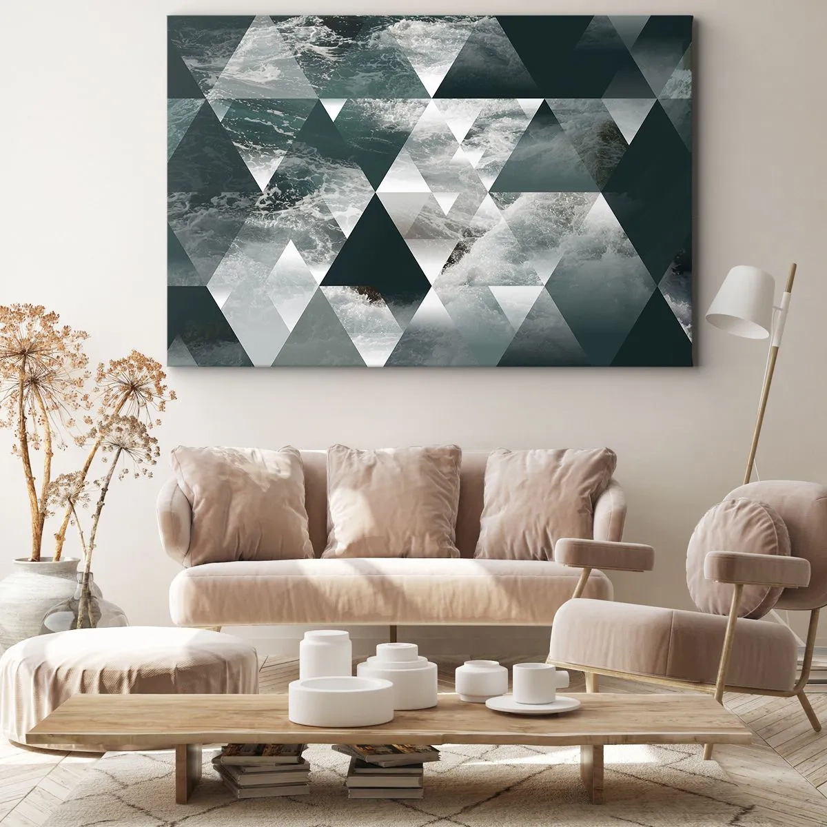 Quadro su tela - Stampe su Tela - Motivo geometrico con motivo a onde nei toni del verde - 120x80cm - Prospettiva di cristallo - Decorazione murale moderna per soggiorno e camera da letto ARTTOR