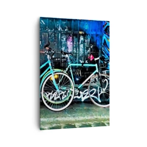 Quadro su tela - Stampe su Tela - Due biciclette turchesi sullo sfondo di graffiti urbani. - 70x100cm - La città chiama - Decorazione murale moderna per soggiorno e camera da letto ARTTOR