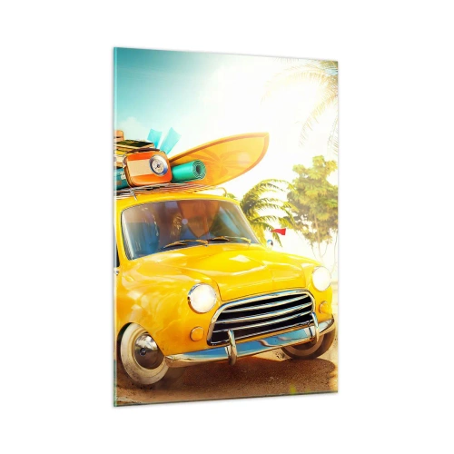 Quadro su vetro - Un'auto gialla con bagagli sul tetto su una spiaggia tropicale. - 50x70cm - Viaggio nel paese dei sorrisi - Decorazione murale moderna per soggiorno e camera da letto ARTTOR