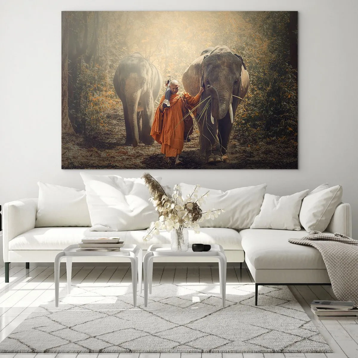 Quadro su vetro - Un monaco con due elefanti in una foresta - 100x70cm - Comprensione perfetta - Decorazione murale moderna per soggiorno e camera da letto ARTTOR