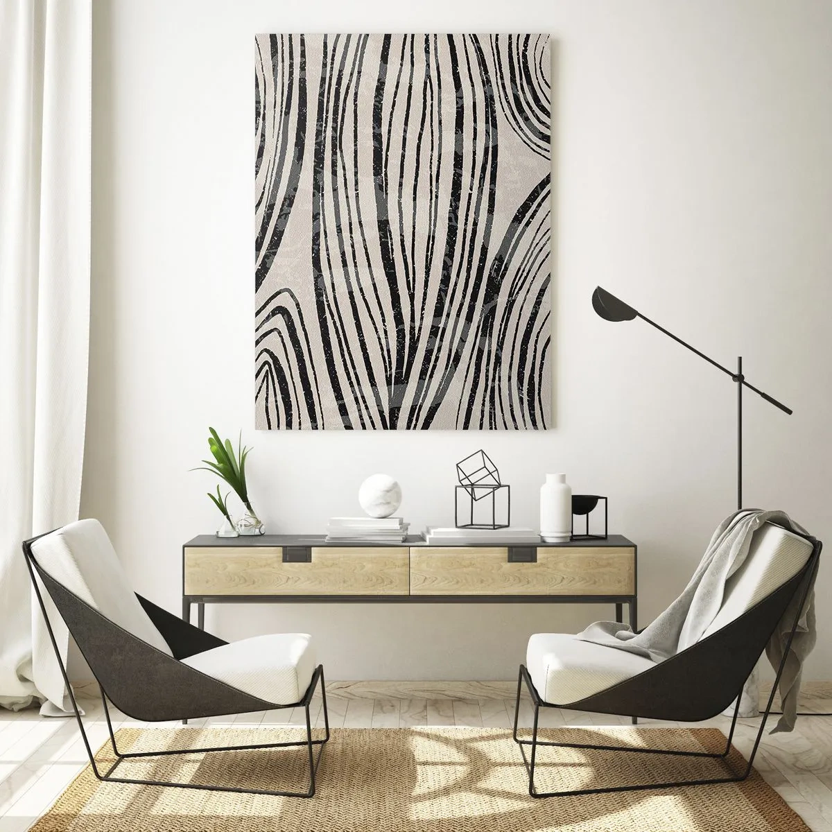 Quadro su vetro - Onde astratte in tonalità di bianco e nero - 70x100cm - Una palude di linee - Decorazione murale moderna per soggiorno e camera da letto ARTTOR