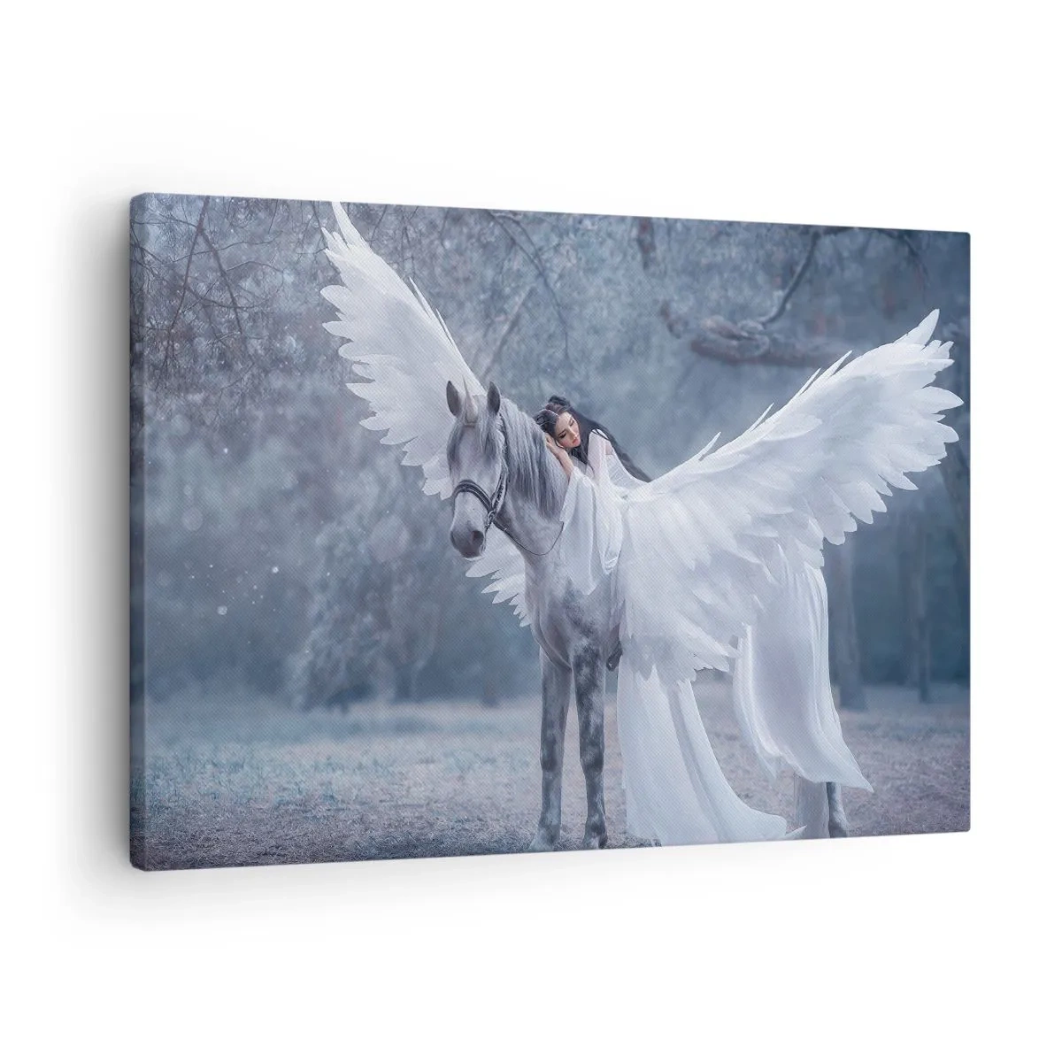 Quadro su tela - Stampe su Tela - Una donna su un cavallo bianco con le ali in una foresta magica - 70x50cm - Momento ispirato - Decorazione murale moderna per soggiorno e camera da letto ARTTOR