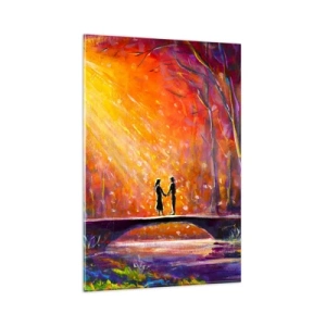 Quadro su vetro - Coppia romantica su un ponte nella foresta autunnale - 80x120cm - Anche il cielo li ama - Decorazione murale moderna per soggiorno e camera da letto ARTTOR