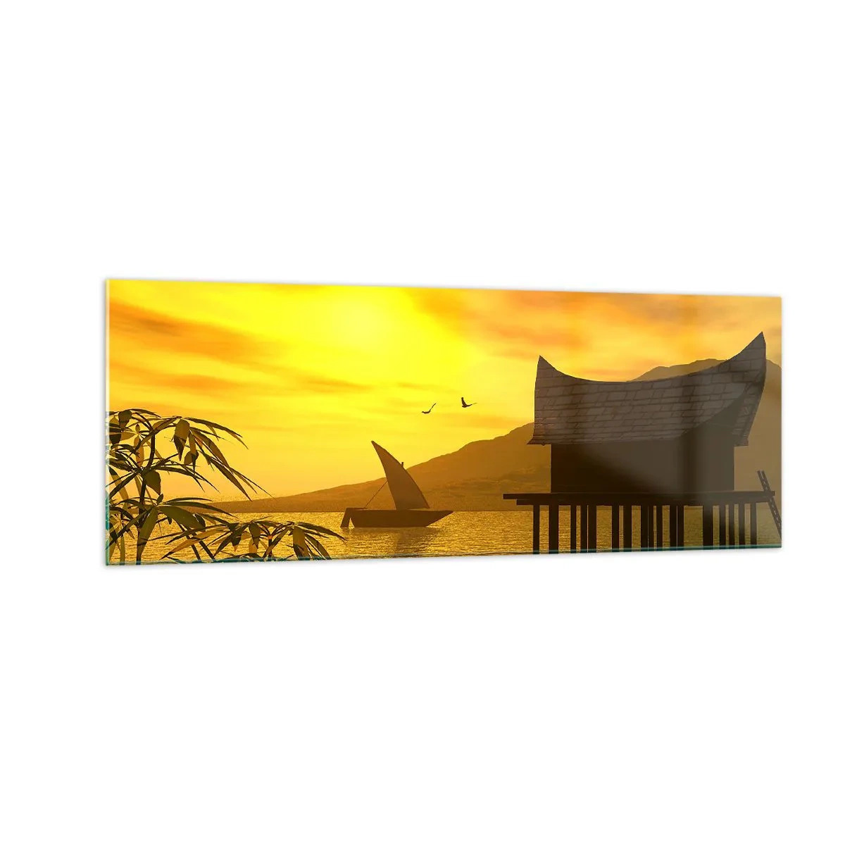 Quadro su vetro - Tramonto tropicale sull'acqua con casa in legno su palafitte. - 140x50cm - Calma desiderata - Decorazione murale moderna per soggiorno e camera da letto ARTTOR