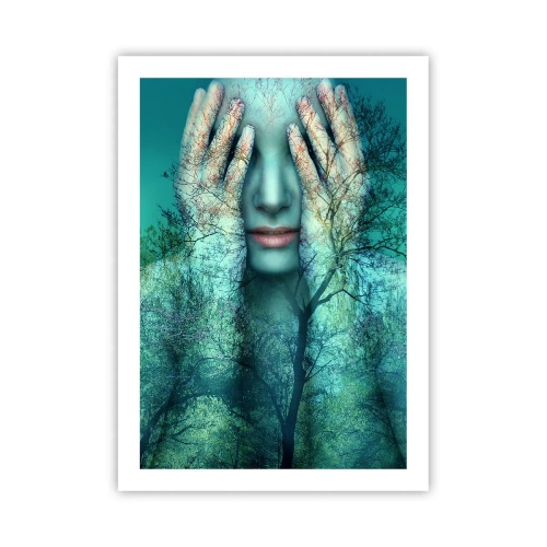 Poster - Volto di donna con paesaggio boschivo in stile doppia esposizione. - 50x70cm - Immersa nel blu - Decorazione murale moderna per soggiorno e camera da letto ARTTOR