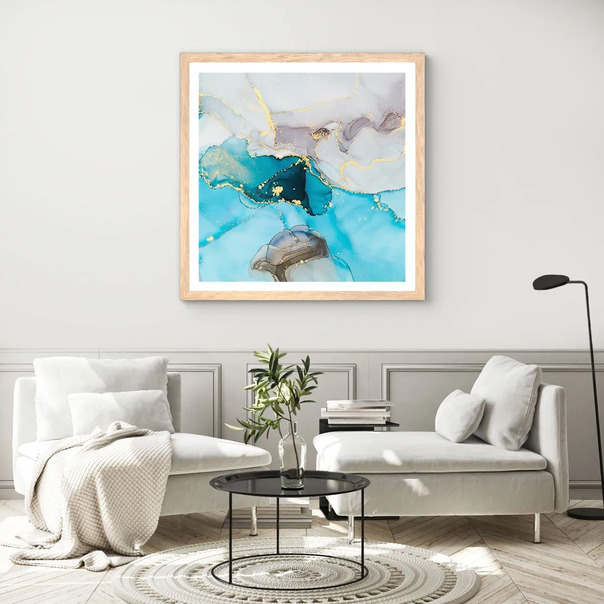 Poster in cornice rovere chiaro - Studio di incontro tra grigio e turchese - 60x60 cm