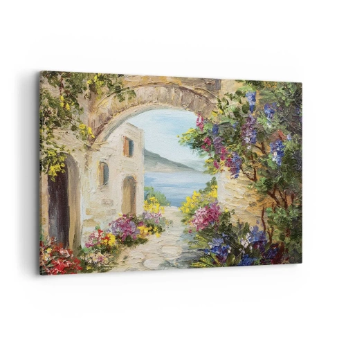 Quadro su tela - Stampe su Tela - Paesaggio marino con edifici in pietra e fiori - 100x70cm - La bellezza della provincia costiera - Decorazione murale moderna per soggiorno e camera da letto ARTTOR