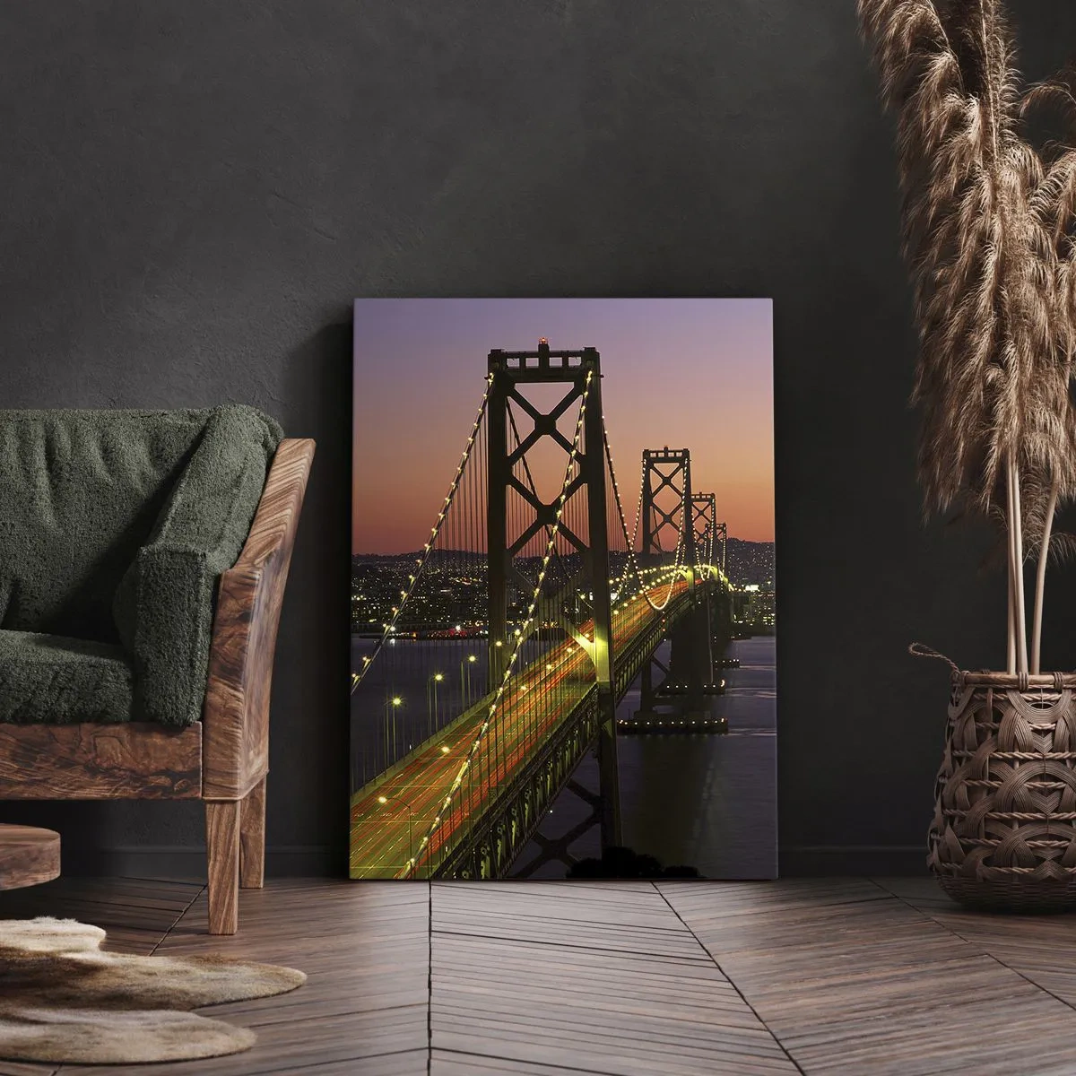 Quadro su tela - Stampe su Tela - Un ponte illuminato di notte sull'acqua con vista panoramica sulla città - 50x70cm - Serata in viola - Decorazione murale moderna per soggiorno e camera da letto ARTTOR