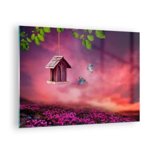 Quadro su vetro - Una mangiatoia per uccelli contro un cielo rosa - 70x50cm - Invito a cena - Decorazione murale moderna per soggiorno e camera da letto ARTTOR