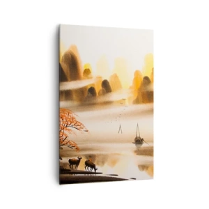Quadro su tela - Stampe su Tela - Un paesaggio orientale con un fiume, montagne e una leggera nebbia. - 80x120cm - Oltre l'Estremo Oriente - Decorazione murale moderna per soggiorno e camera da letto ARTTOR
