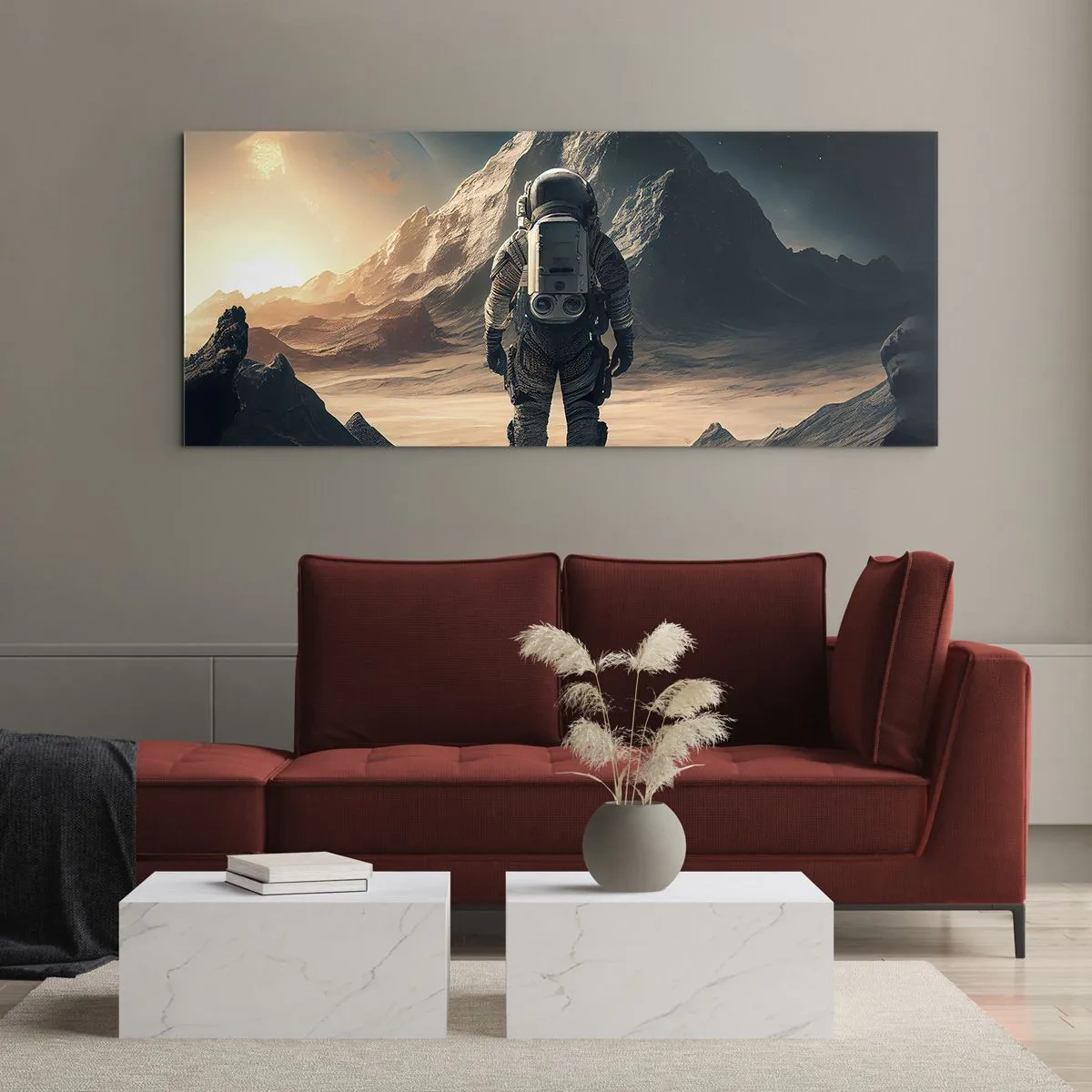 Quadro su vetro - Astronauta sullo sfondo di maestose montagne - 160x50cm - Nuova sfida - Decorazione murale moderna per soggiorno e camera da letto ARTTOR