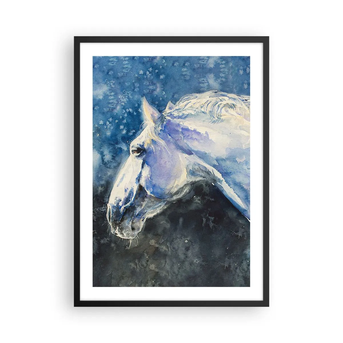 Poster in cornice nera - Ritratto di un cavallo nei toni blu dell'acquerello - 50x70cm - Ritratto in luce blu - Decorazione murale moderna per soggiorno e camera da letto ARTTOR