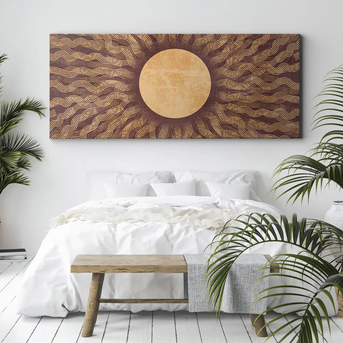 Quadro su tela - Stampe su Tela - Motivo soleggiato con raggi su uno sfondo nei toni del marrone - 120x50cm - L'icona del sole - Decorazione murale moderna per soggiorno e camera da letto ARTTOR