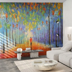 Fotomurali Premium Sand - Un vicolo colorato con lanterne e una figura in lontananza - 100x70cm - Canzone notturna sotto la pioggia - Decorazione murale moderna per soggiorno e camera da letto ARTTOR