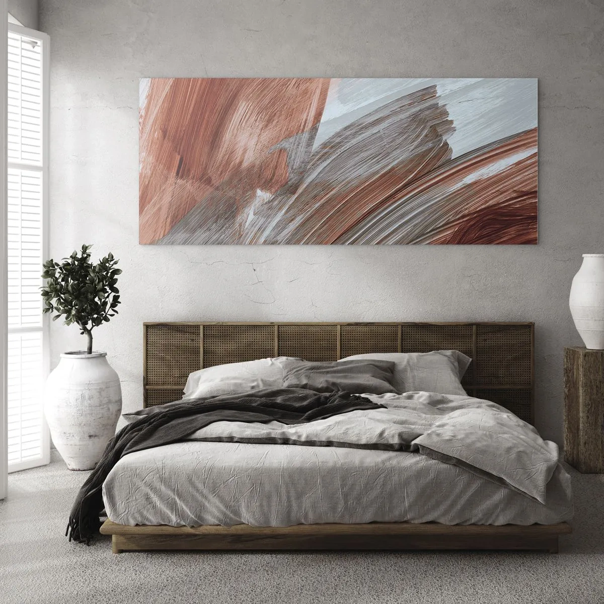 Quadro su vetro - Pennellate astratte nei toni del rame e del grigio - 160x50cm - Astrazione autunnale e ventosa - Decorazione murale moderna per soggiorno e camera da letto ARTTOR