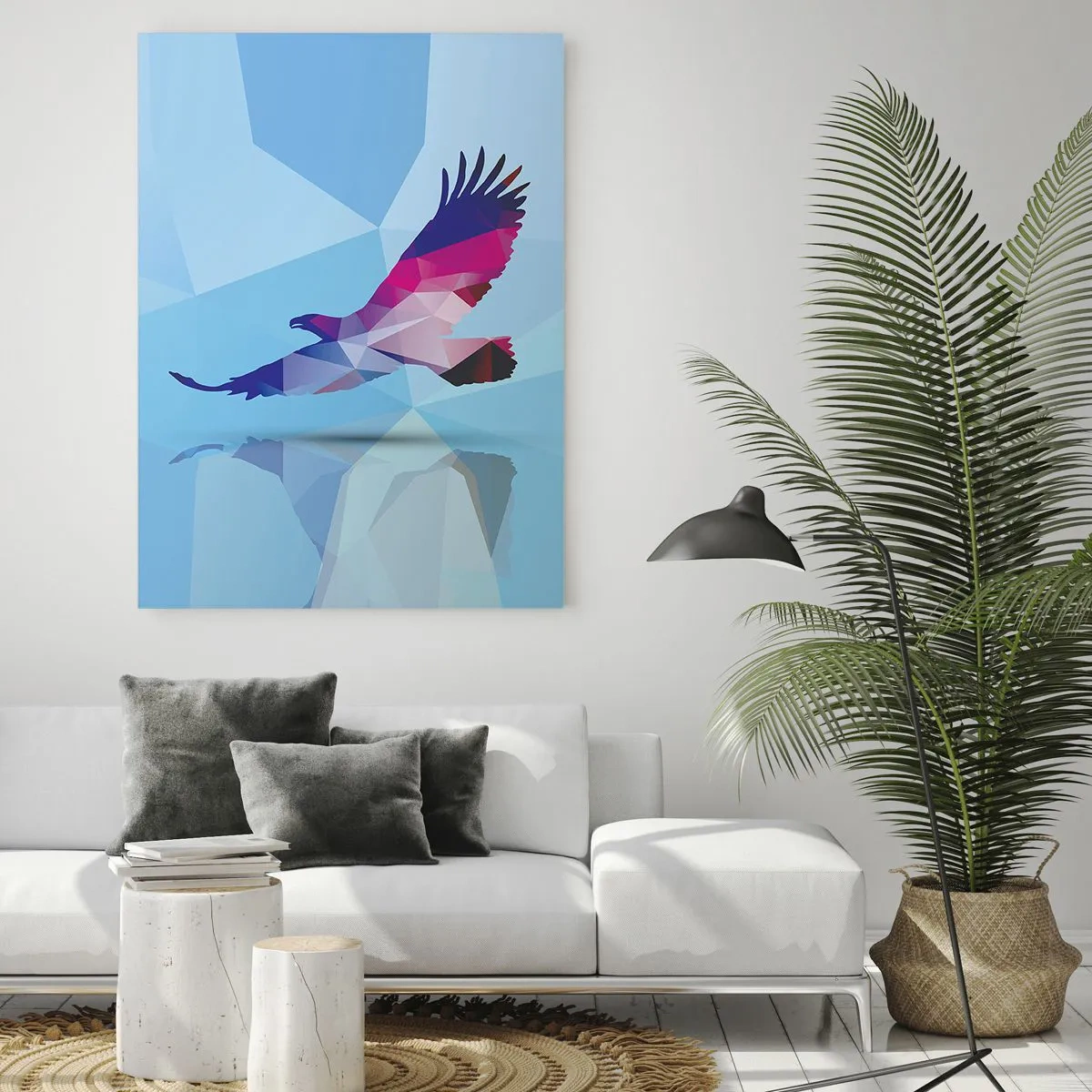 Quadro su vetro - Silhouette geometrica di un'aquila in volo su sfondo blu - 80x120cm - L'aquila nel cristallo lilla - Decorazione murale moderna per soggiorno e camera da letto ARTTOR