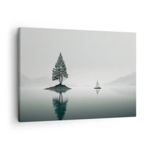 Quadro su tela - Stampe su Tela - Un paesaggio minimalista con un albero su un'isola e una barca a vela. - 70x50cm - Paesaggio onirico - Decorazione murale moderna per soggiorno e camera da letto ARTTOR