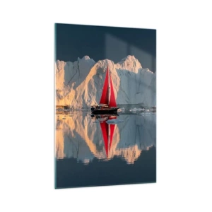 Quadro su vetro - Una barca a vela con una vela rossa sullo sfondo di un ghiacciaio - 70x100cm - Ai confini del mondo - Decorazione murale moderna per soggiorno e camera da letto ARTTOR
