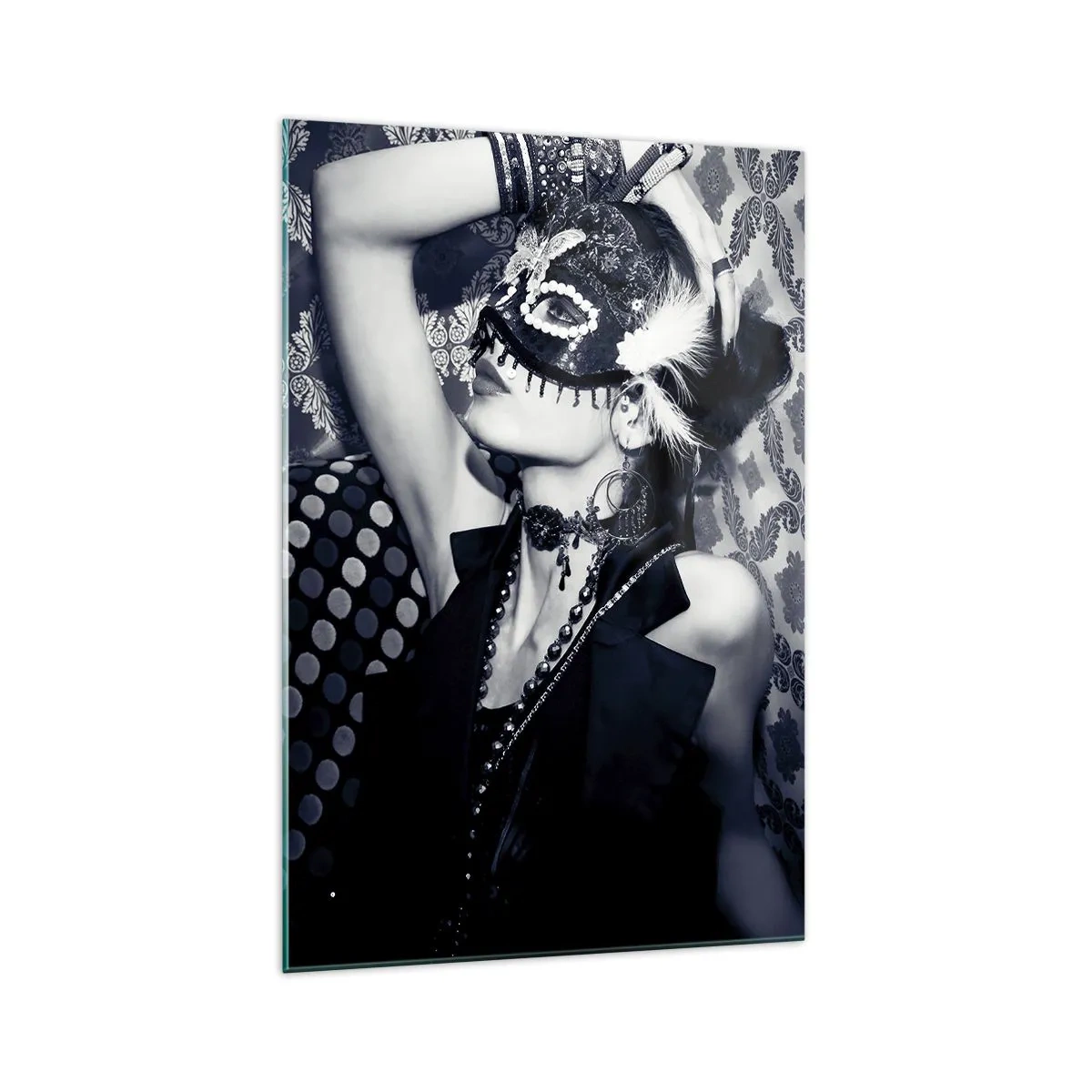 Quadro su vetro - Una donna con una maschera veneziana su uno sfondo di motivi ornamentali. - 70x100cm - Decorazioni, ornamenti, modelli... - Decorazione murale moderna per soggiorno e camera da letto ARTTOR