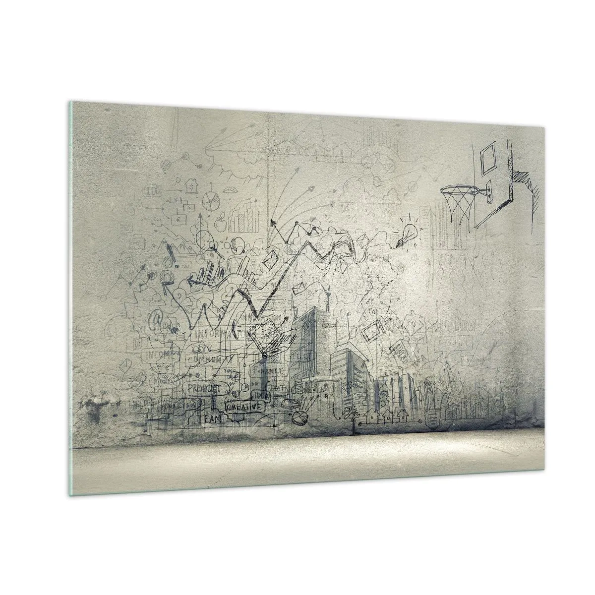 Quadro su vetro - Schizzo grafico con elementi aziendali e creativi - 100x70cm - La mia fantastica vita in città - Decorazione murale moderna per soggiorno e camera da letto ARTTOR