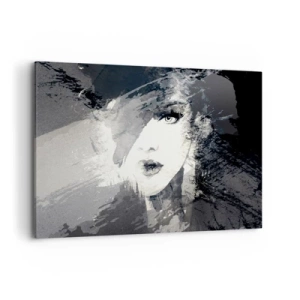 Quadro su tela - Stampe su Tela - Un ritratto astratto di una donna in tonalità di grigio con delicati accenti. - 120x80cm - Dietro un velo grigio - Decorazione murale moderna per soggiorno e camera da letto ARTTOR