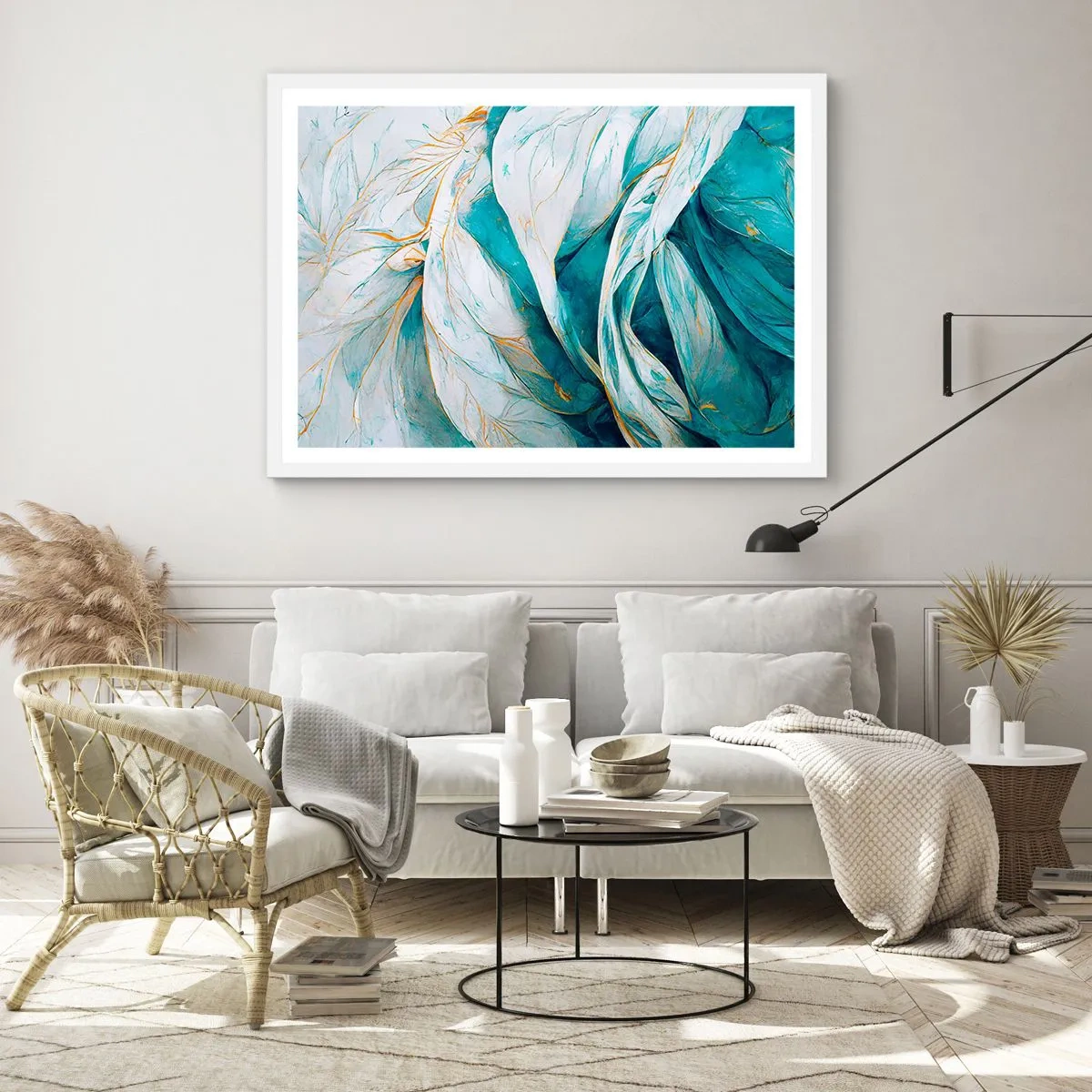 Poster in cornice bianca - Astrazione blu con motivi d'oro - 91x61 cm