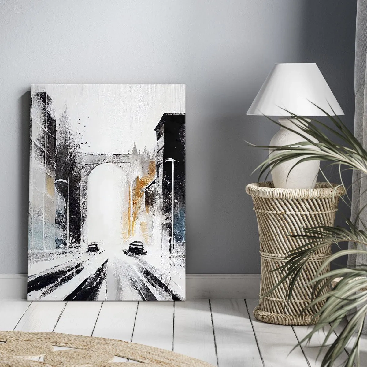 Quadro su tela - Stampe su Tela - Panorama astratto della città con un ponte ad arco - 50x70cm - Studio di città: architettura e movimento - Decorazione murale moderna per soggiorno e camera da letto ARTTOR