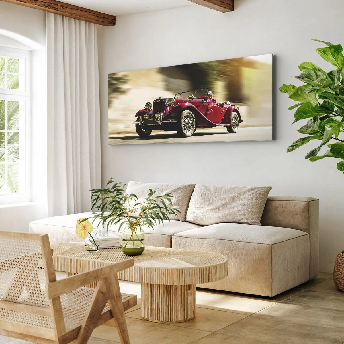 Quadro su tela - Stampe su Tela - Auto d'epoca rossa in movimento su una strada soleggiata - 160x50cm - Più bella della Nike di Samotracia - Decorazione murale moderna per soggiorno e camera da letto ARTTOR