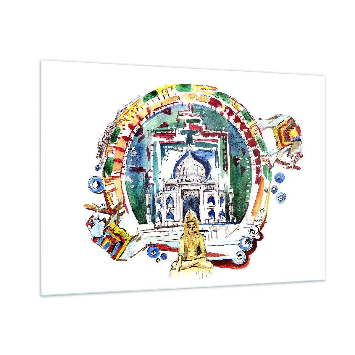 Quadro su vetro - Illustrazione colorata di monumenti indiani in stile acquerello - 100x70cm - L'equilibrio indiano del mondo - Decorazione murale moderna per soggiorno e camera da letto ARTTOR