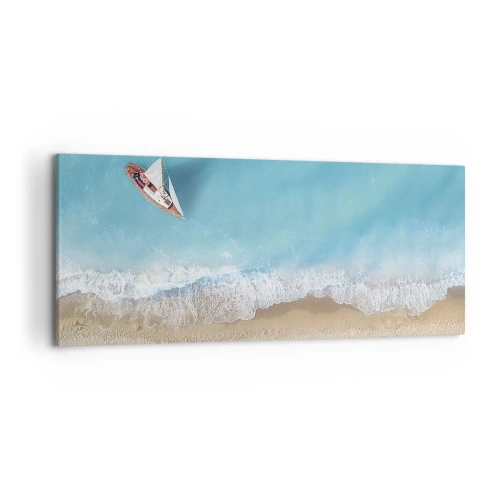 Quadro su tela - Stampe su Tela - Una vista a volo d'uccello di una barca sulla spiaggia - 120x50cm - Al confine del blu e dell'oro - Decorazione murale moderna per soggiorno e camera da letto ARTTOR