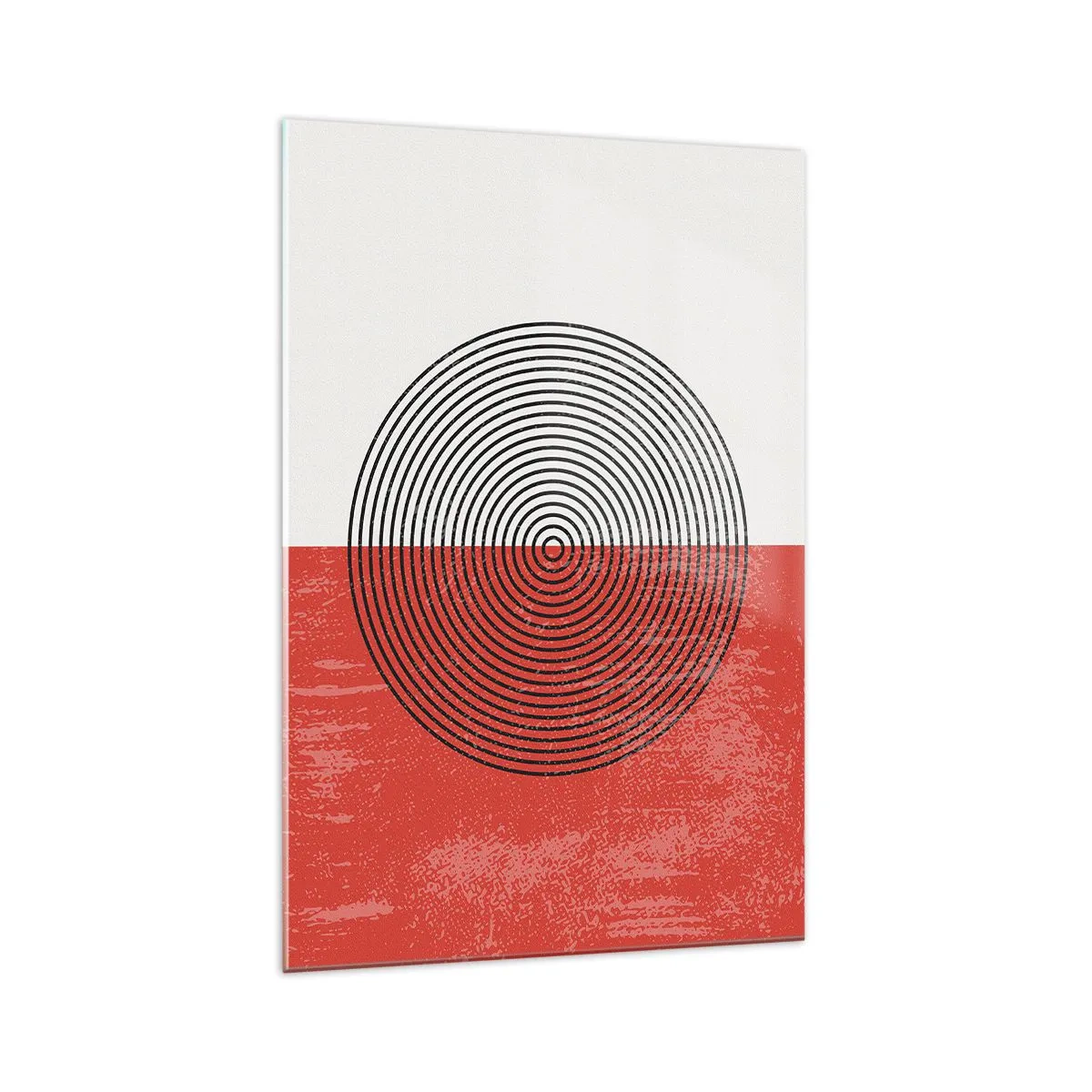 Quadro su vetro - Motivo geometrico con cerchi concentrici su sfondo rosso e bianco - 70x100cm - Dritto al centro - Decorazione murale moderna per soggiorno e camera da letto ARTTOR