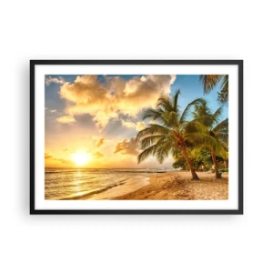 Poster in cornice nera - Spiaggia con palme e tramonto sull'oceano - 70x50cm - Estate perpetua, vacanze per sempre - Decorazione murale moderna per soggiorno e camera da letto ARTTOR