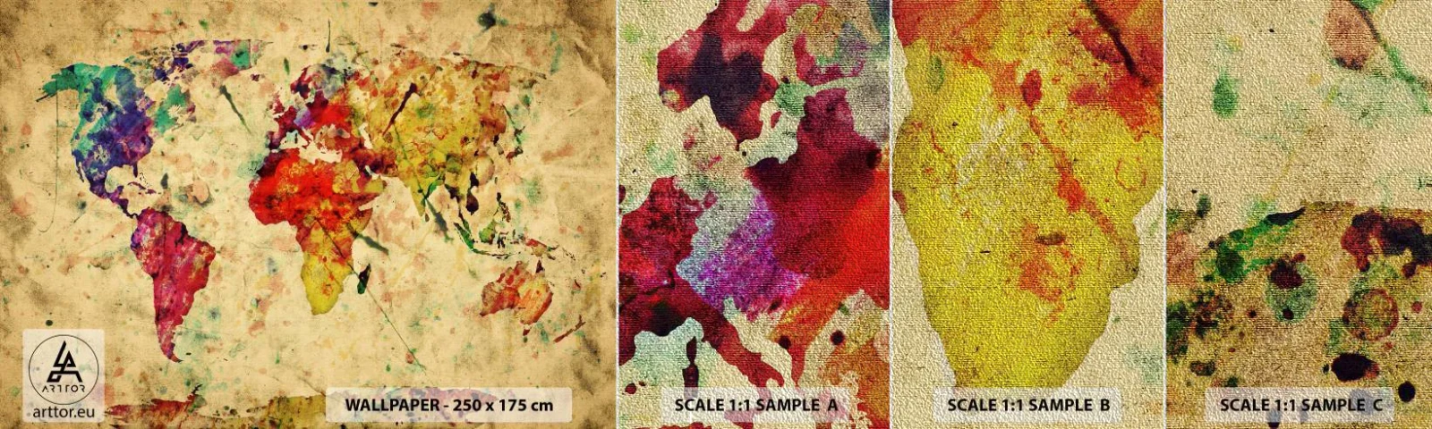 Campione di Fotomurale Premium Sand - La vita come la carta colorata di una mappa - Mappa del mondo, Continenti, Viaggi - 100x30 cm