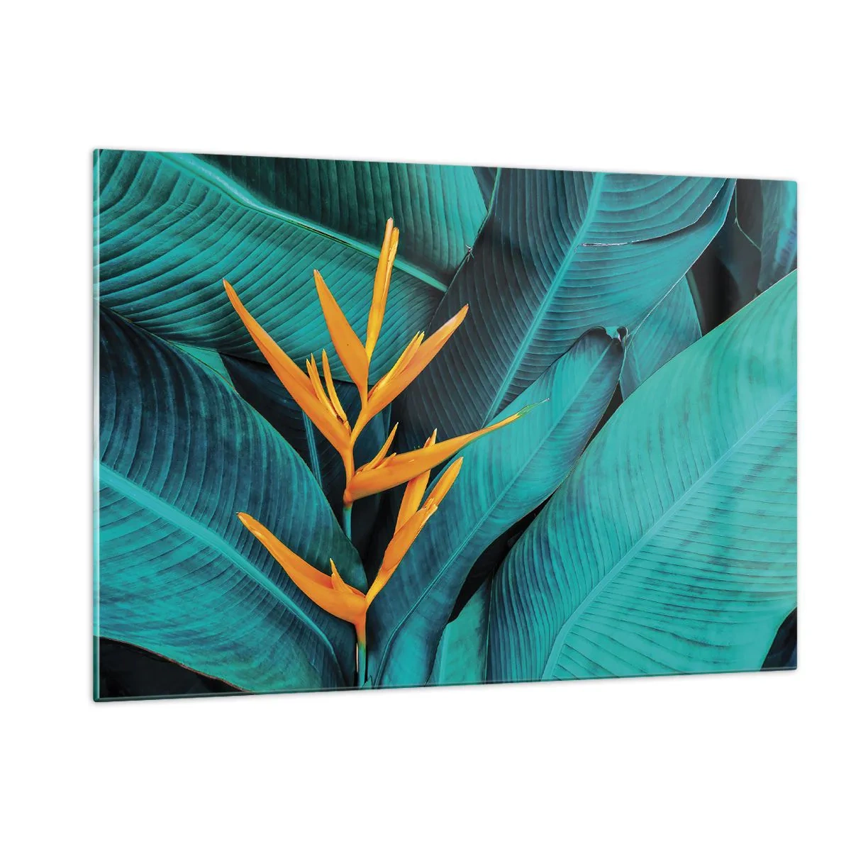 Quadro su vetro - Un fiore esotico su uno sfondo di grandi foglie verdi. - 120x80cm - Il fiore dell'Eden - Decorazione murale moderna per soggiorno e camera da letto ARTTOR