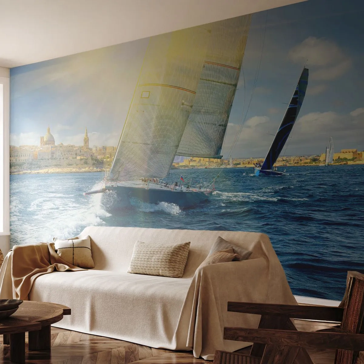 Fotomurali Premium Sand - Tempo di lasciare la città - Città, Mare, Yacht - 250x175 cm