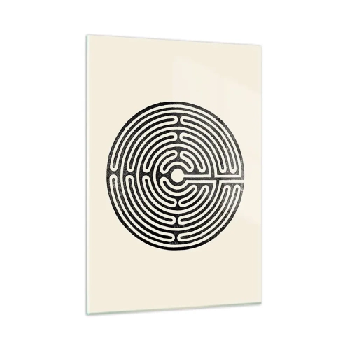Quadro su vetro - Un labirinto bianco e nero di forma circolare su uno sfondo chiaro. - 50x70cm - Ordine misterioso - Decorazione murale moderna per soggiorno e camera da letto ARTTOR