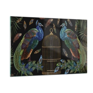 Quadro su vetro - Pavoni colorati e una gabbia su uno sfondo nero - 120x80cm - Con gli abiti reali - Decorazione murale moderna per soggiorno e camera da letto ARTTOR