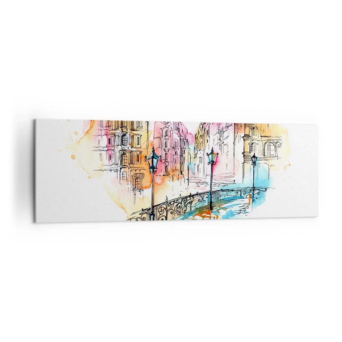 Quadro su tela - Stampe su Tela - Acquerello di un ponte e case popolari a forma di cuore - 160x50cm - Il cuore della città - Decorazione murale moderna per soggiorno e camera da letto ARTTOR