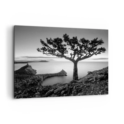 Quadro su tela - Stampe su Tela - Paesaggio in bianco e nero con un albero solitario su una scogliera a picco sul mare - 120x80cm - Pace fino all'orizzonte - Decorazione murale moderna per soggiorno e camera da letto ARTTOR