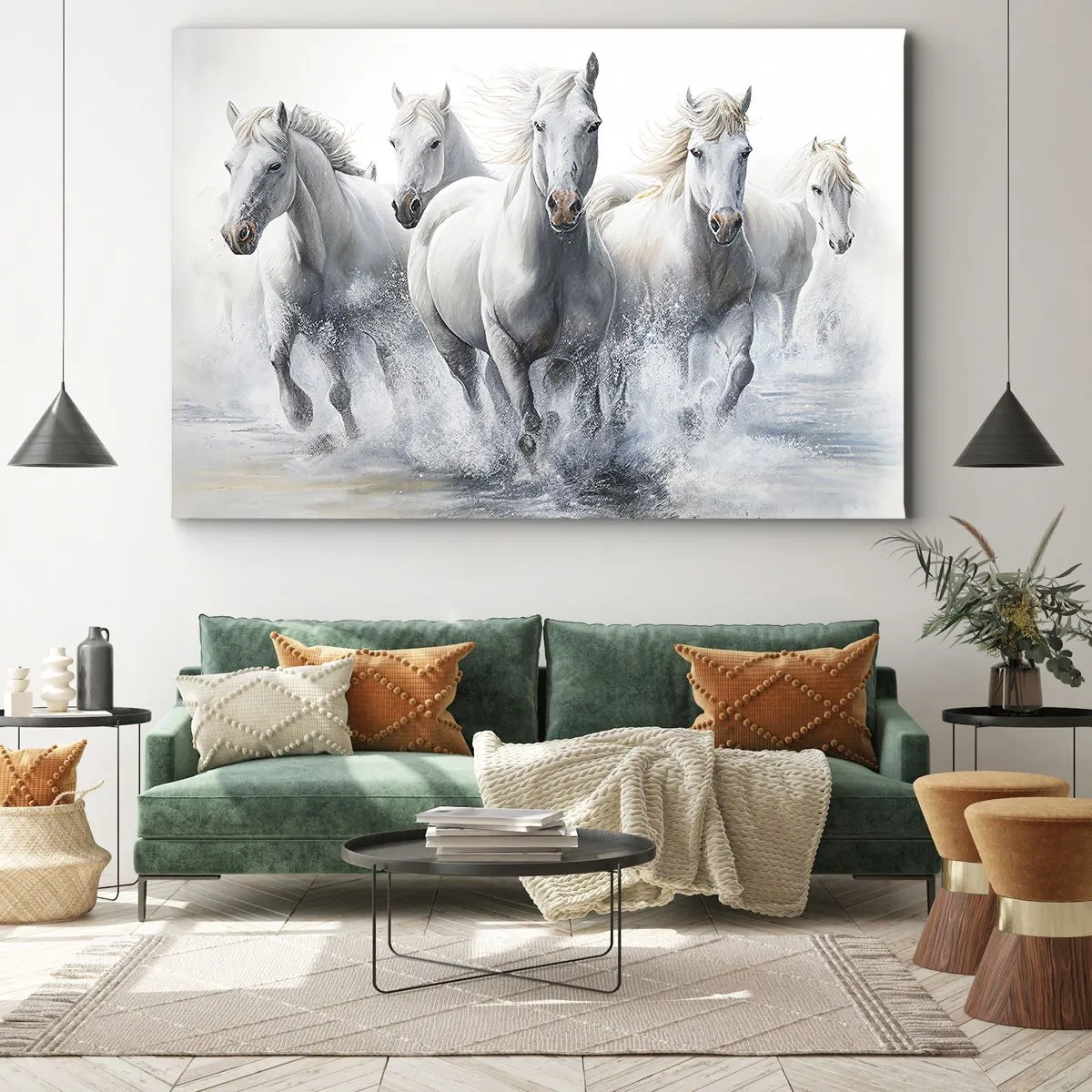 Quadro su tela - Stampe su Tela - Cavalli bianchi che galoppano nell'acqua - 120x80cm - Magia bianca - Decorazione murale moderna per soggiorno e camera da letto ARTTOR