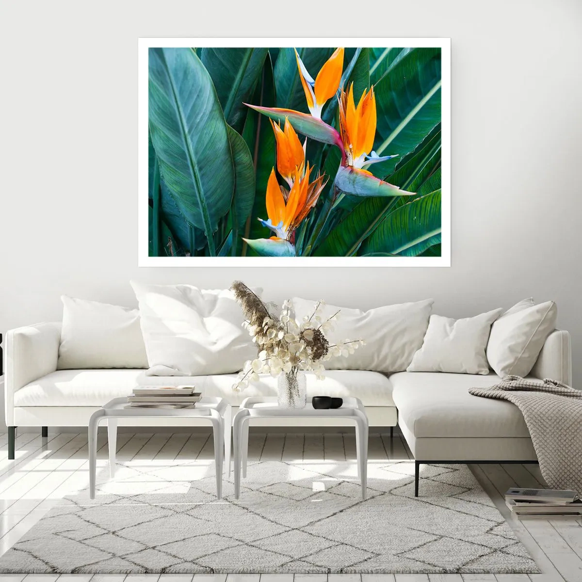 Poster - Fiori esotici di strelitzia circondati da foglie verdi - 100x70cm - È un fiore o un uccello? - Decorazione murale moderna per soggiorno e camera da letto ARTTOR