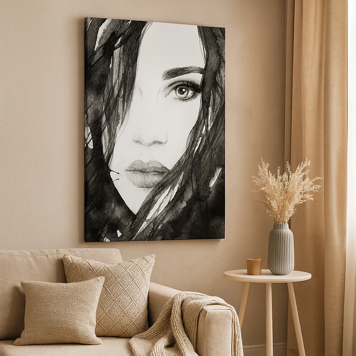 Quadro su tela - Stampe su Tela - Ritratto di donna in acquerello bianco e nero - 50x70cm - Ritratto di donna in bianco e nero - Decorazione murale moderna per soggiorno e camera da letto ARTTOR