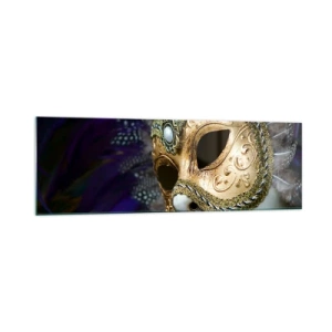 Quadro su vetro - Maschera veneziana dorata con piume decorative e ornamenti - 160x50cm - Ritratto di Venezia in oro - Decorazione murale moderna per soggiorno e camera da letto ARTTOR